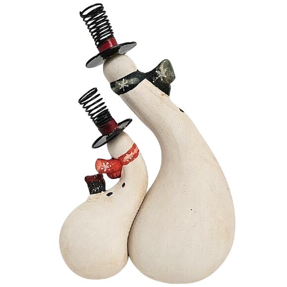 Vintage Ceramic Gourd Shaped Whimsical Cuddling Snowman Duo with Top Hats HTF - Picture 3 of 6
